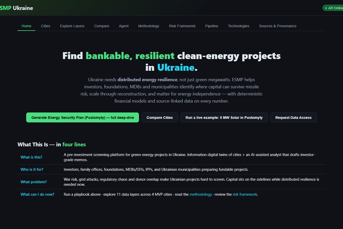 Página inicial da ESMP Ukraine — Find bankable, resilient clean-energy projects in Ukraine